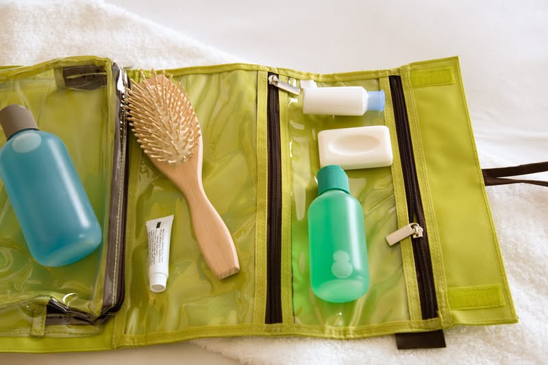 Toiletries packed in a travel bag