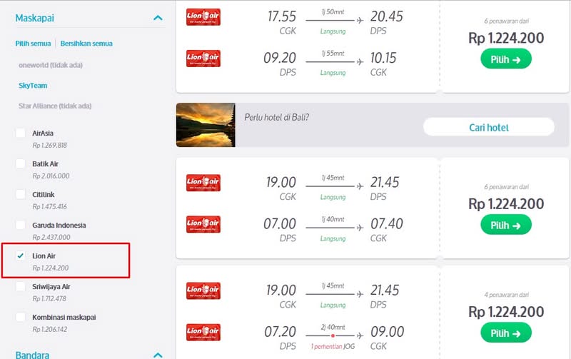 Di Skyscanner Anda bisa mem-filter pencarian berdasarkan maskapai
