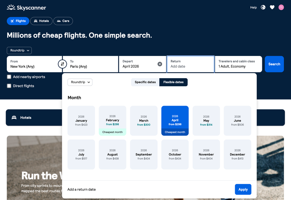 Screenshot of the search for the cheapest day to travel on Skyscanner for desktop.