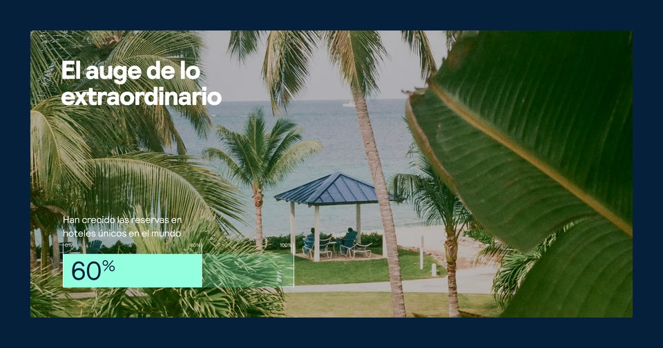 Infografía de un paisaje tropical con palmeras y el título 'El auge de lo extraordinario'. El gráfico muestra que han crecido un 60% las reservas en hoteles únicos en el mundo.