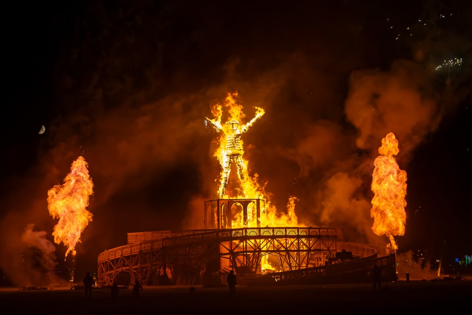 The burning of the effigy to signal the end of Burning Man festival