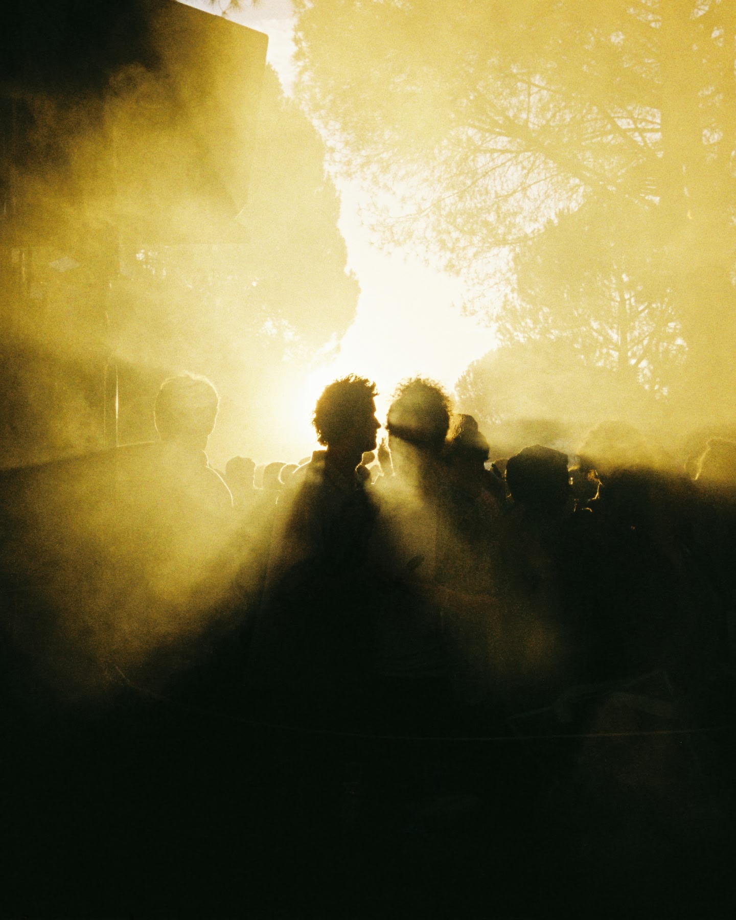 Foule rassemblée dans une lumière dorée lors d’un festival de musique en plein air.