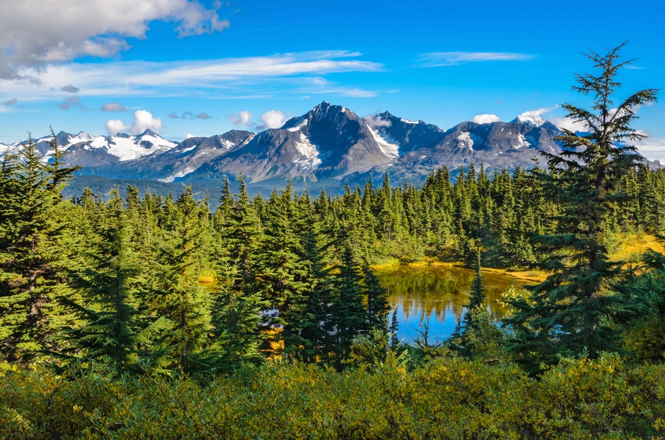 View overlooking a lake and the Tantalus mountain range