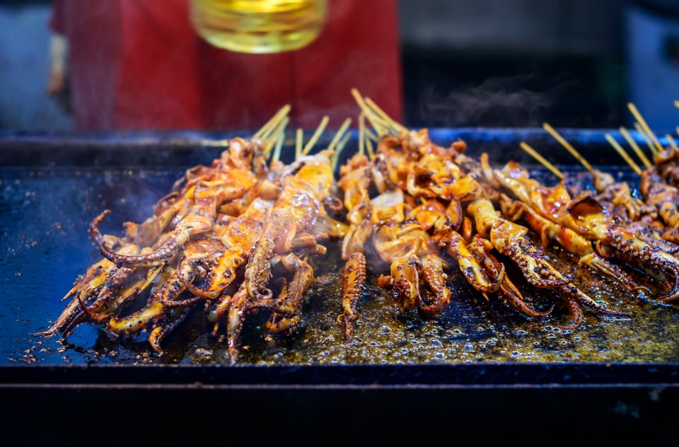 Meat skewers at night market