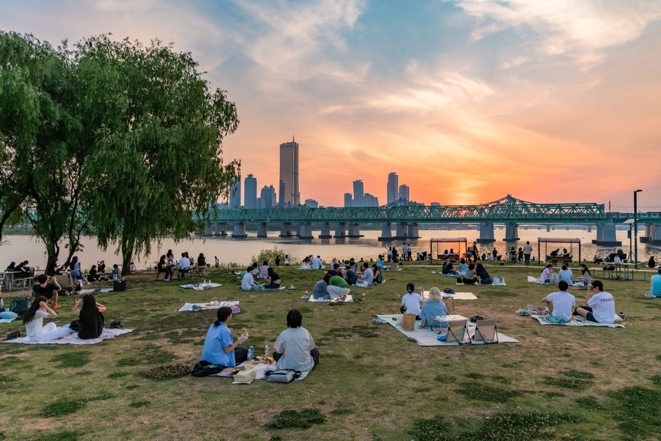 在漢江公園享受雞啤