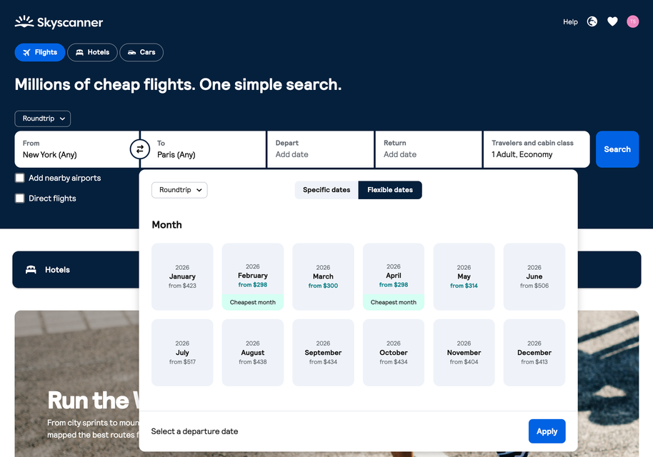 Screenshot of the "whole month" search on Skyscanner for desktop.