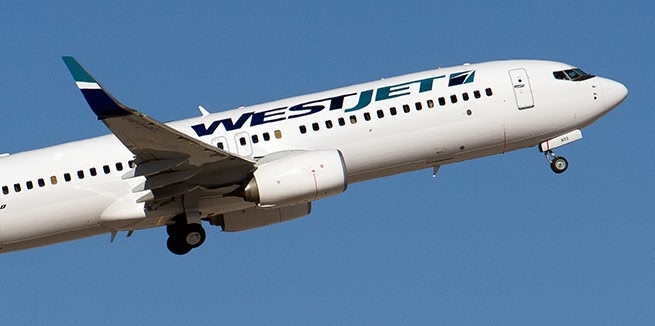 A plane with the WestJet wordmark