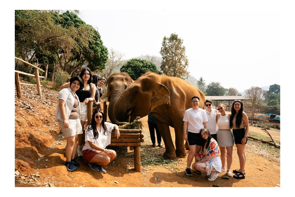 Group of friends at an elephant sanctuary in Thailand