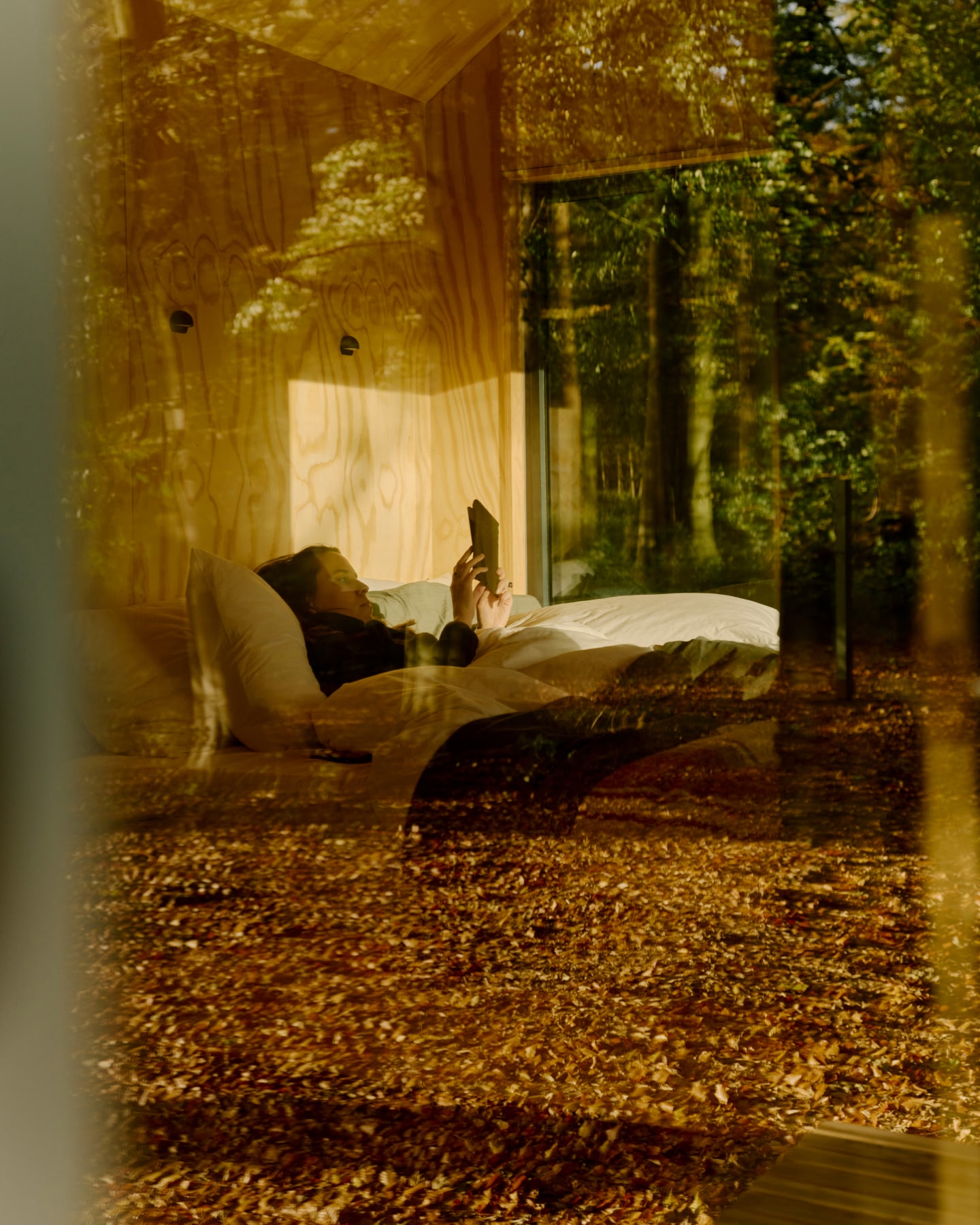 Person relaxing in a woodland cabin, seen through a window.