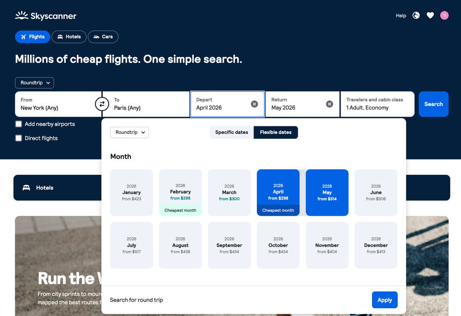 Screenshot of the full-month search on the Skyscanner calendar.