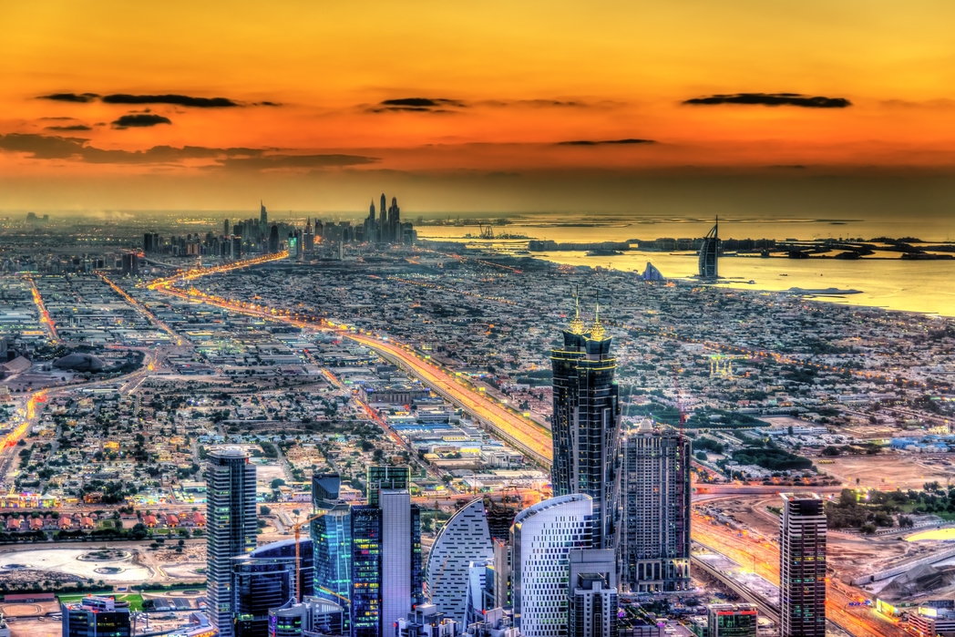 Aerial view of Dubai at sunset