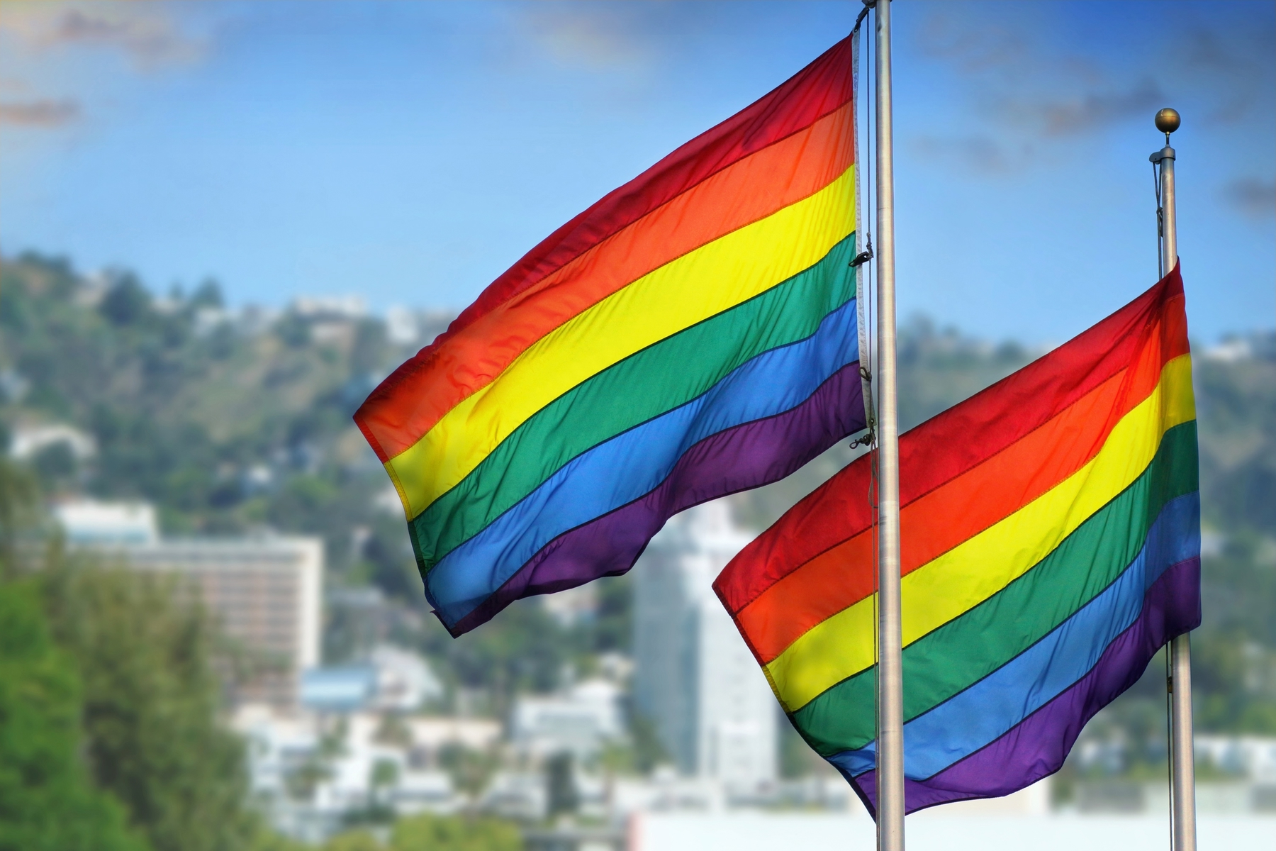 two pride flag poles blowing in the wind