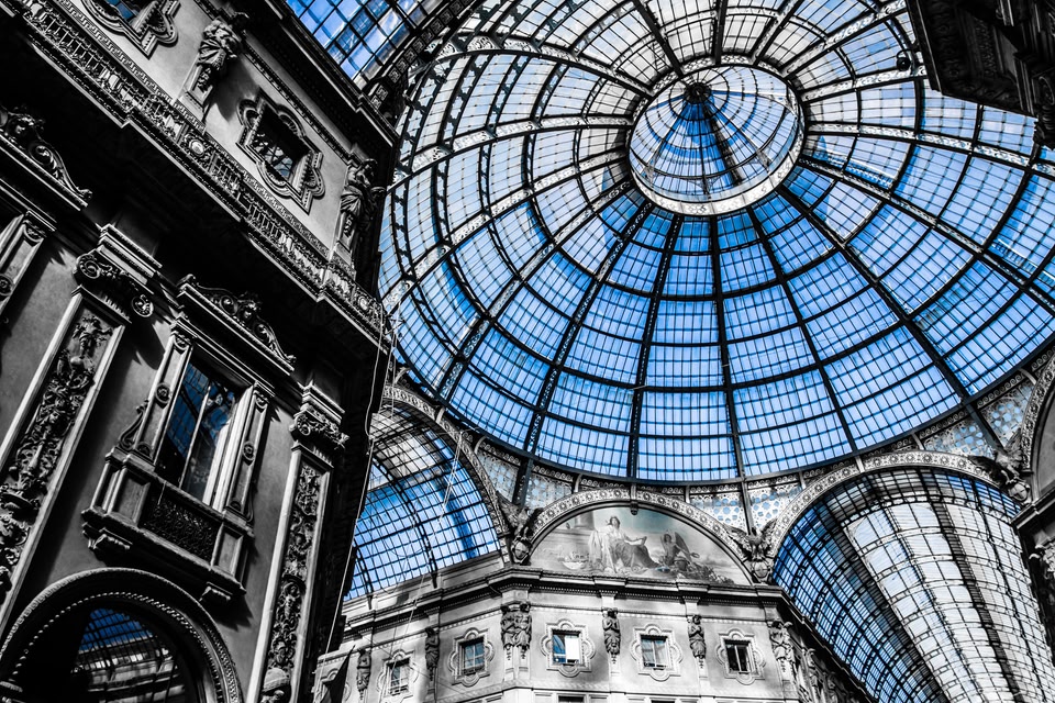 view of dome from below inside Milan Cathedral