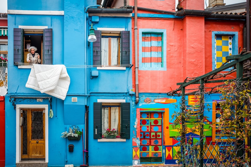 colourful houses in Burano neighbourhood in Venice, Italy.
