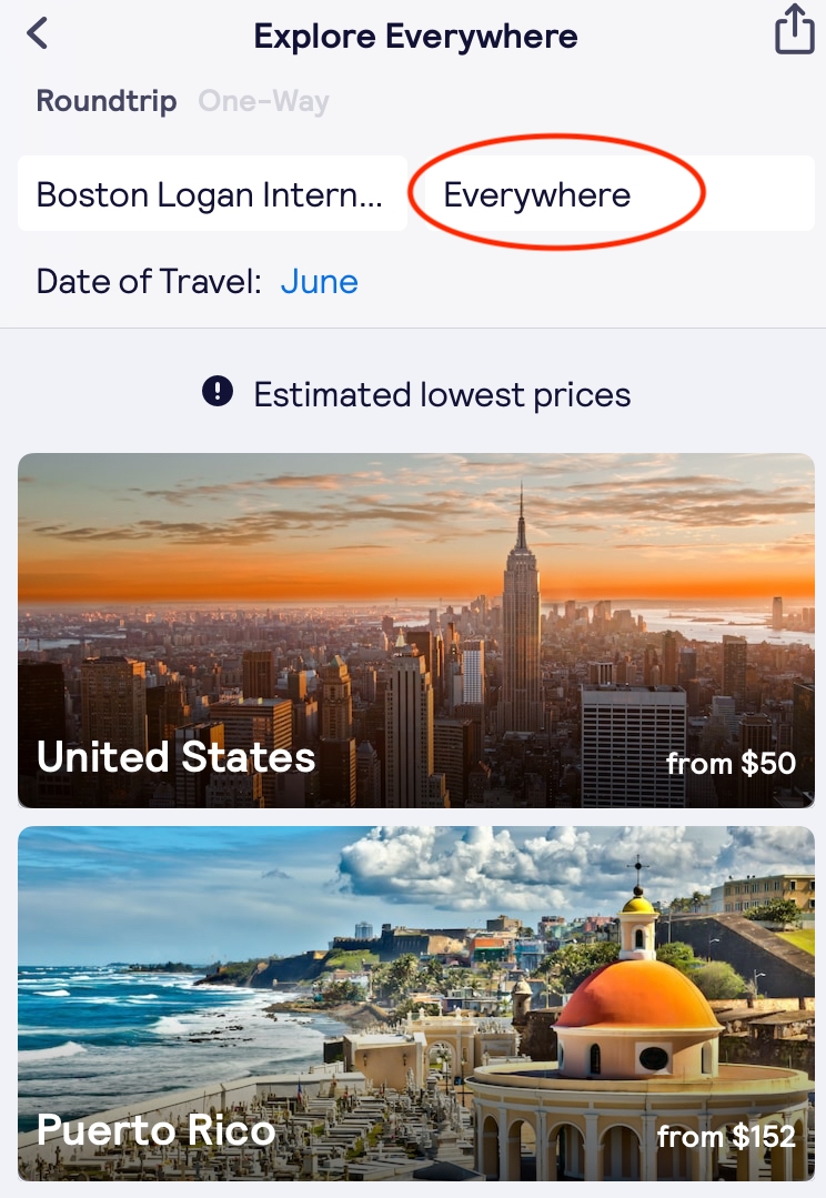 Everywhere feature finds the cheap flight deals closest to you