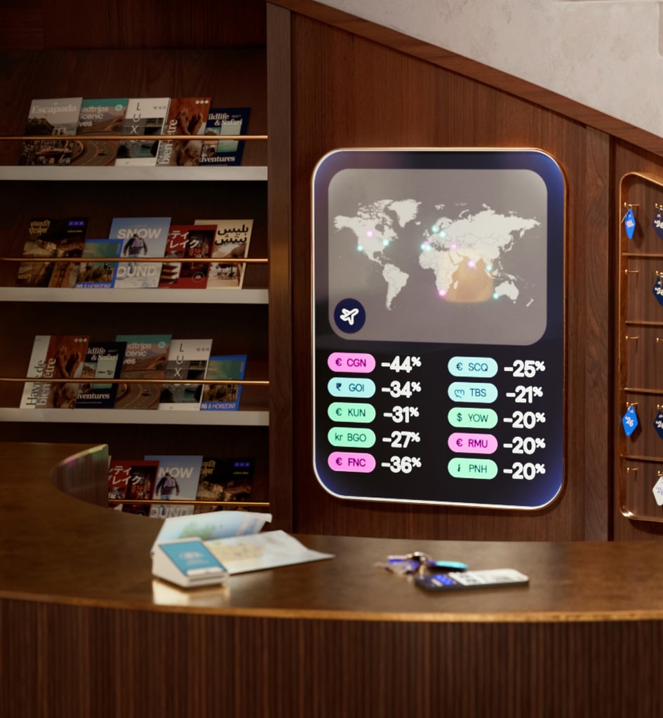 Hotelrezeption mit großem LED-Bildschirm an der Wand, der die Reiseziele mit dem besten Preis-Leistungs-Verhältnis für 2026 anzeigt.