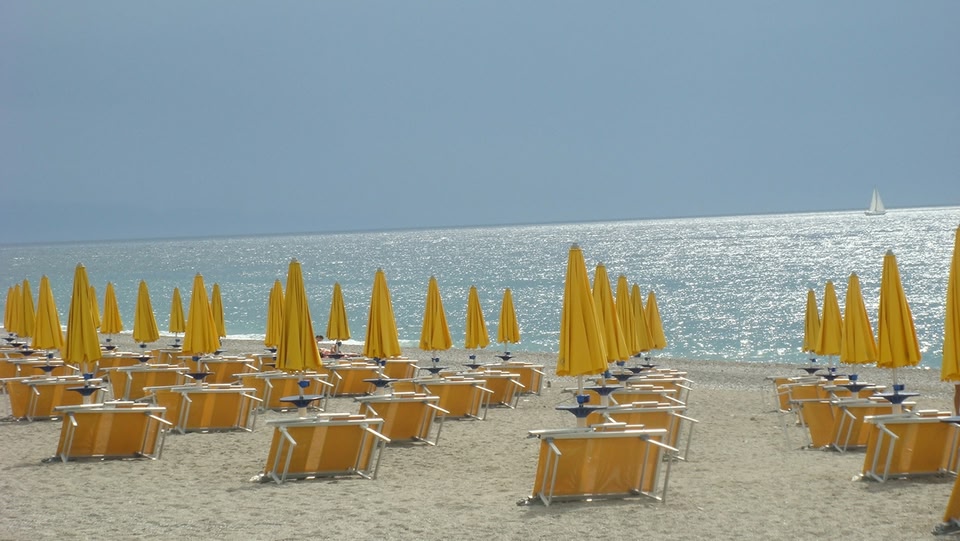 Spiaggia con file di ombrelloni gialli e lettini.