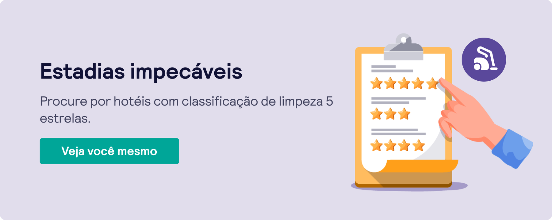 Ilustração da mão de uma pessoa apontando para o hotel mais bem classificado da lista.