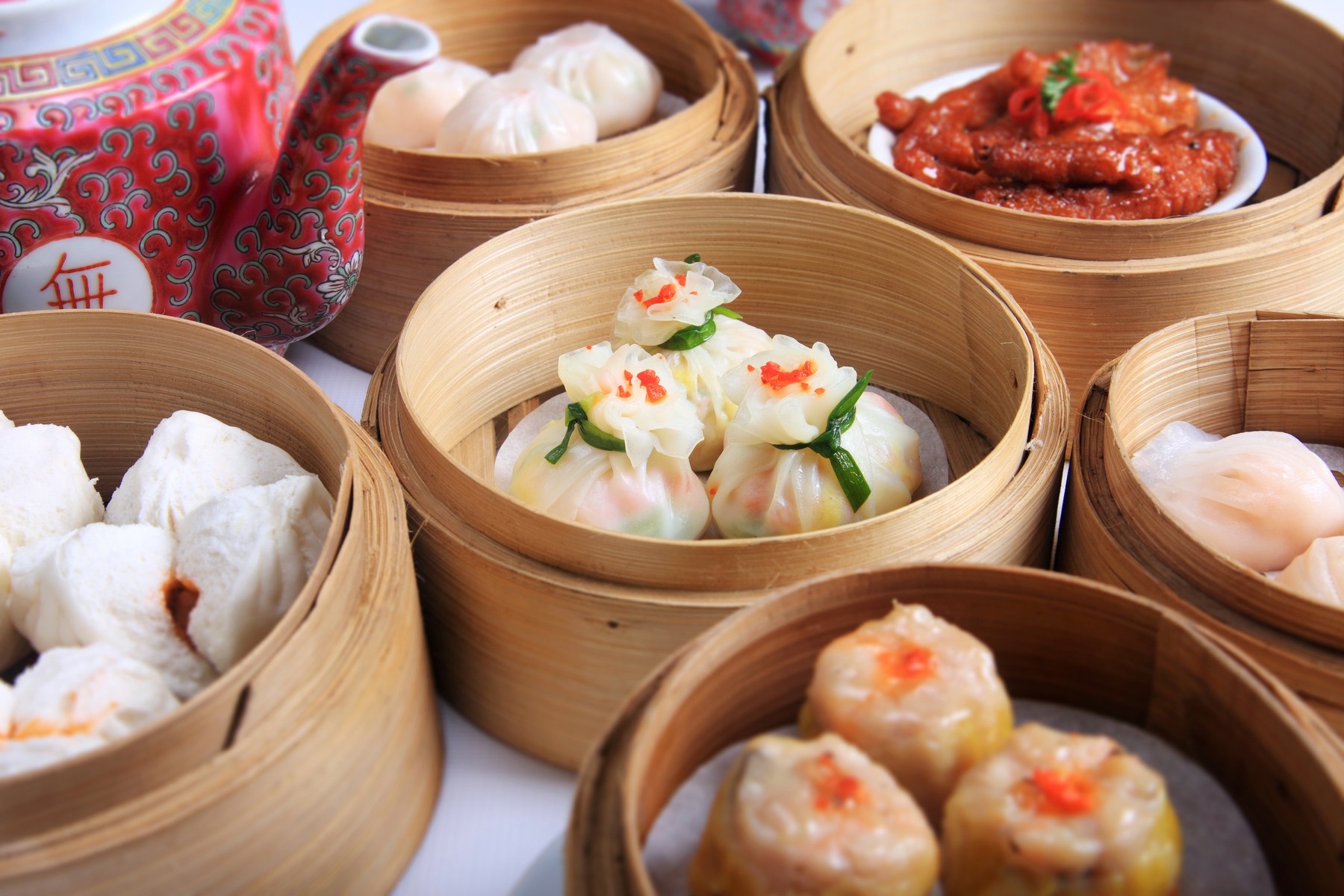 plate of dim sum and tea