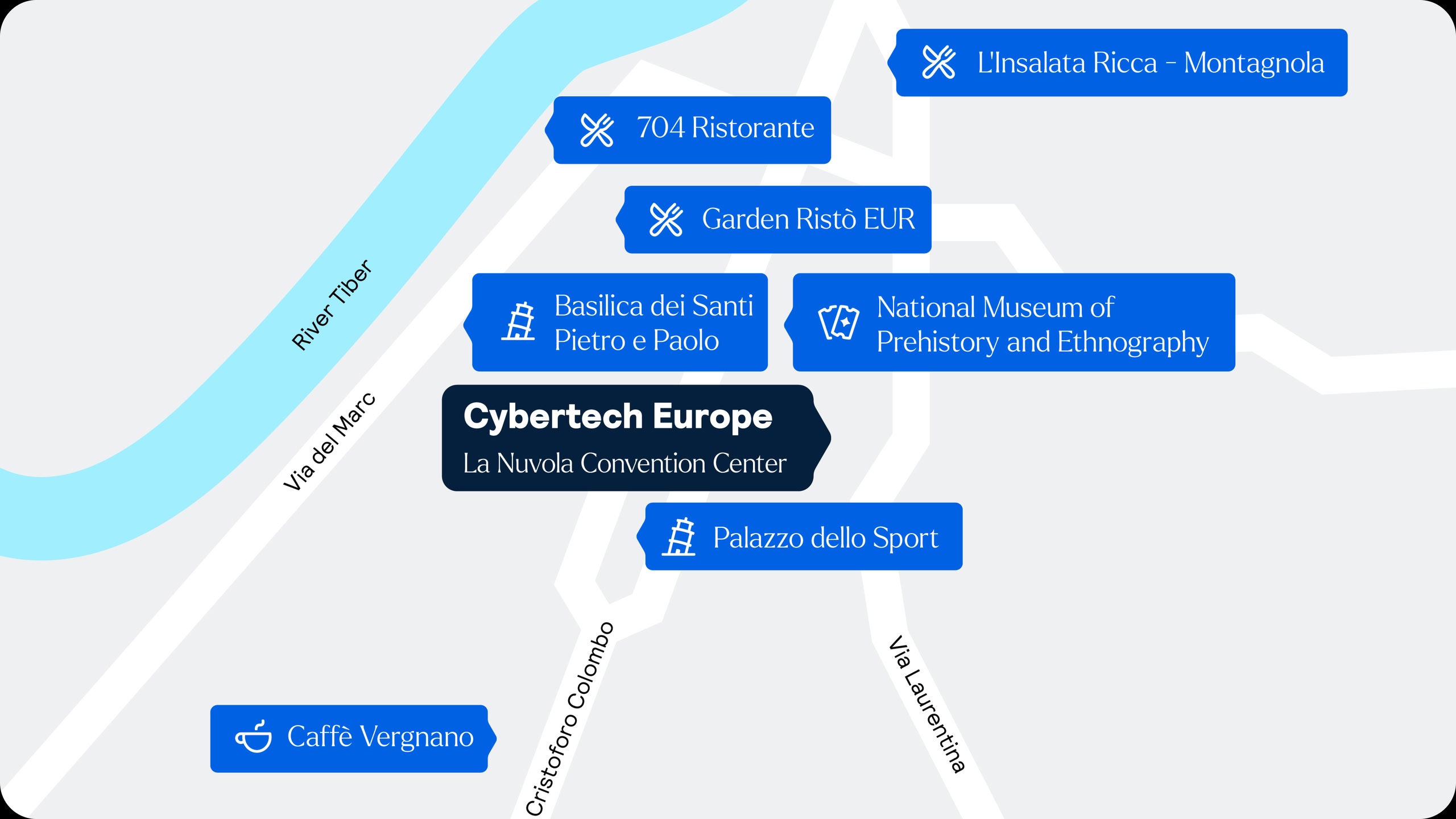 Mappa che mostra la sede di Cybertech Europe, insieme ai ristoranti, caffetterie e attrazioni nelle vicinanze.