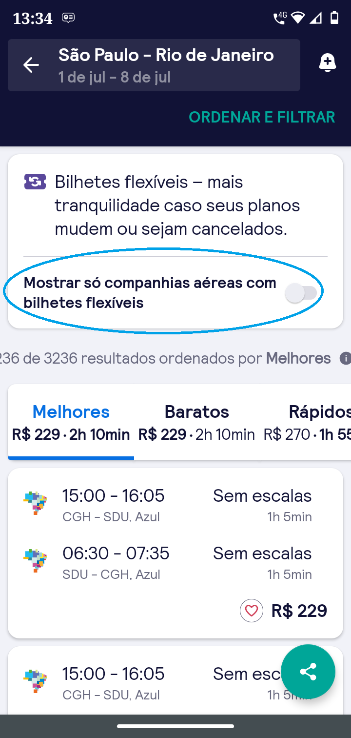 Tela mostrando o botão bilhetes flexíveis no aplicativo Skyscanner.