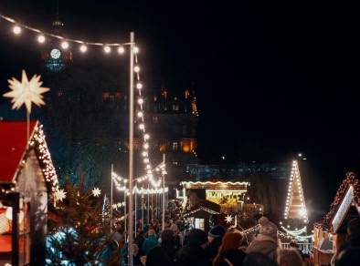 A Christmas market all light up at night