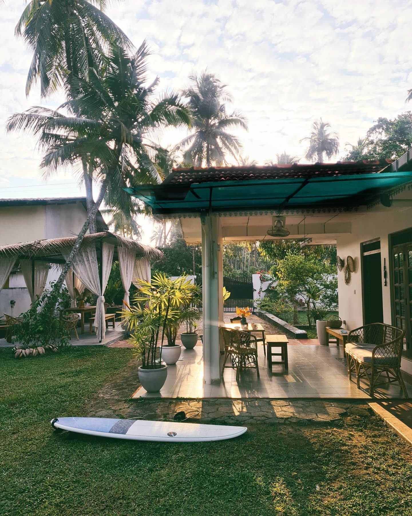 Outdoor patio area at a hostel in Sri Lanka. 