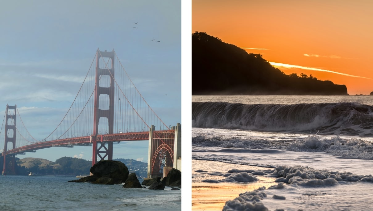 Golden Gate Bridge and the beach during golden hour