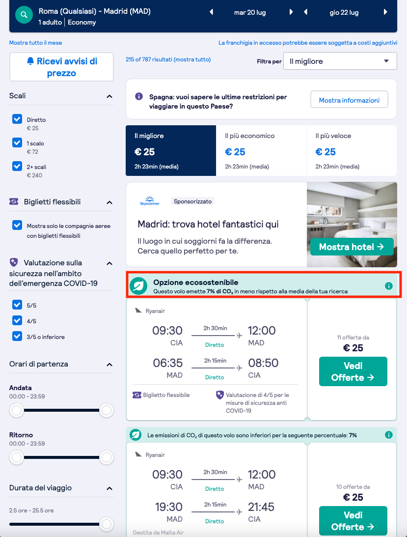 voli con emissioni di CO₂ ridotte Skyscanner