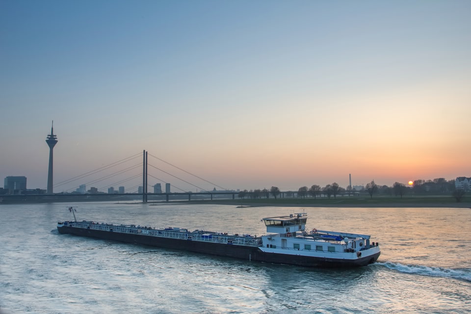 Ship on the Rhine at sunset