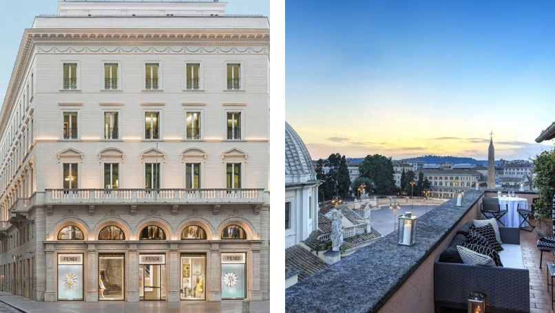 Outside of Fendi Private Suites alongside the view from the terrace across Rome's skyline