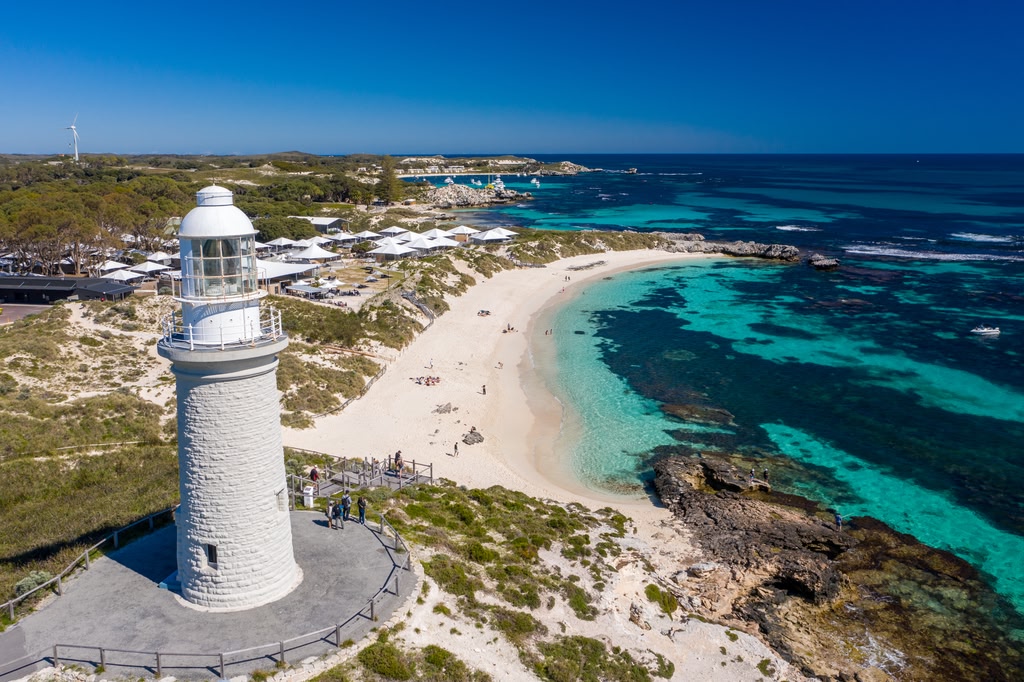 Aerial view of Pinky Beach and Bathurst Lighthouse, Rottnest Island