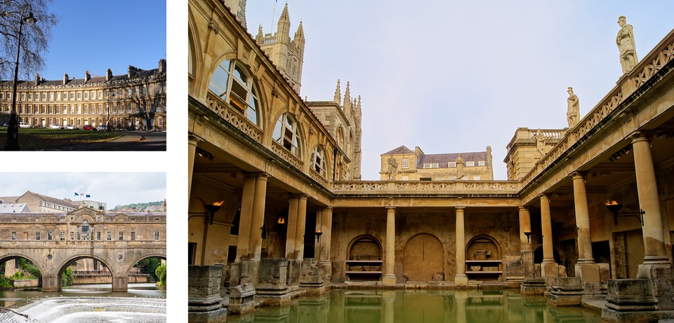 A collage of three images showcasing landmarks in Bath, England: The Royal Crescent, Pulteney Bridge, and the Roman Baths.
