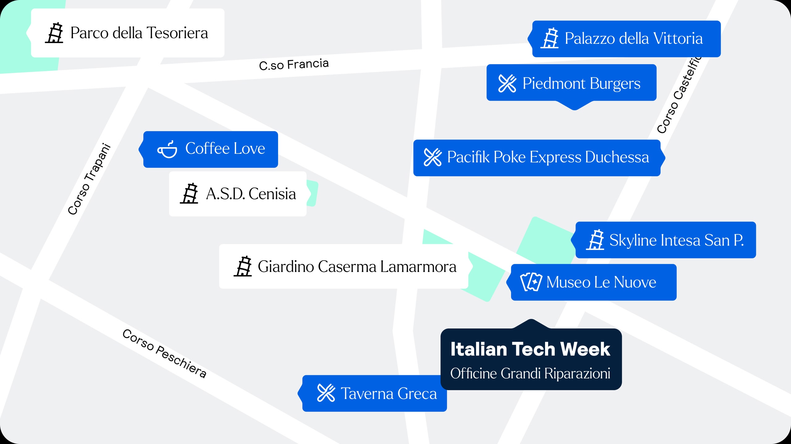 Mappa che mostra la sede della Italian Tech Week, insieme ai ristoranti, caffetterie e attrazioni nelle vicinanze.
