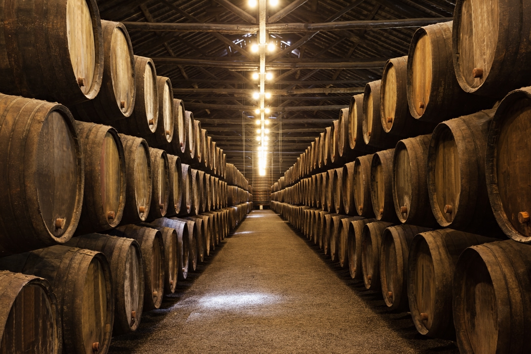 Barrels of wine in a cellar in Porto, Portugal