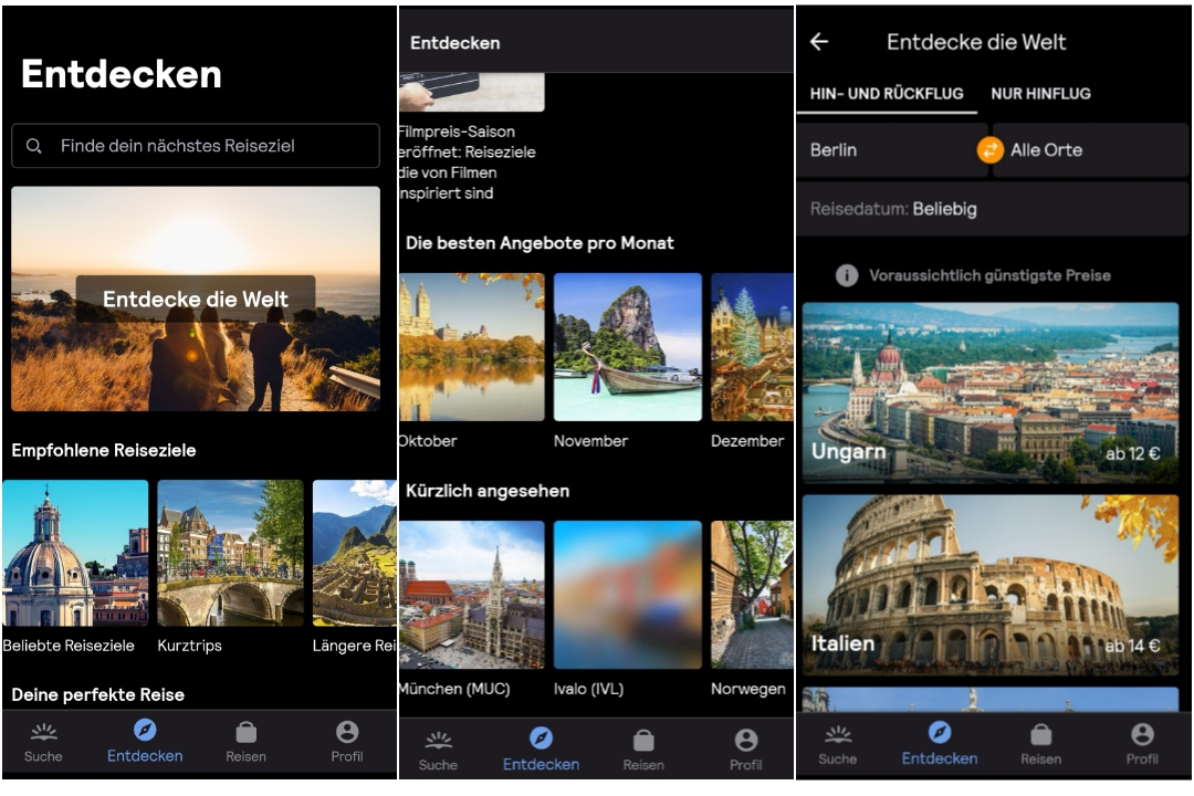 Neue Reiseziele in der Skyscanner App entdecken