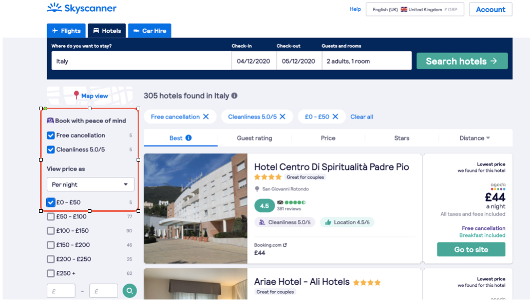 Finding Black Friday and Cyber Monday hotel deals on the Skyscanner website
