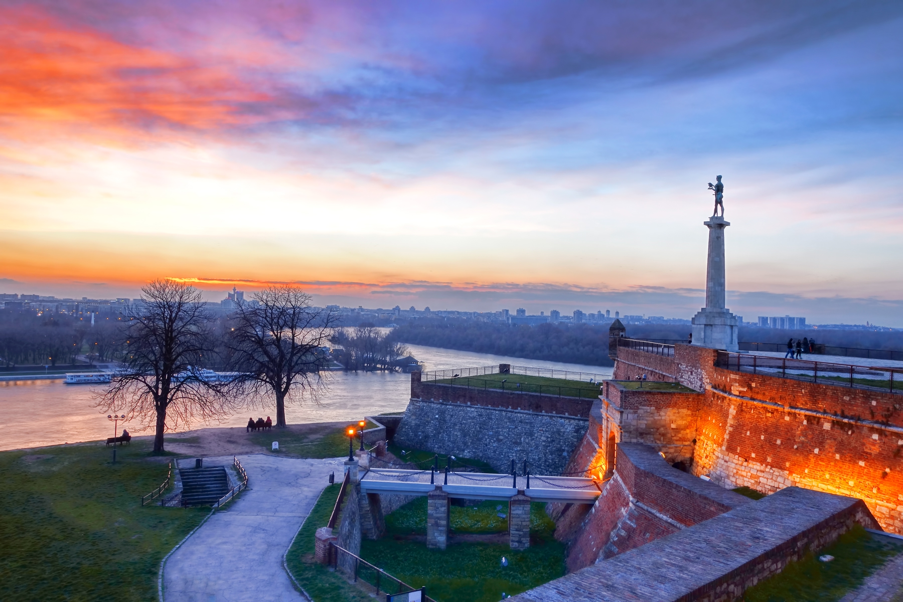 view of the Belgrade fortress at sunset