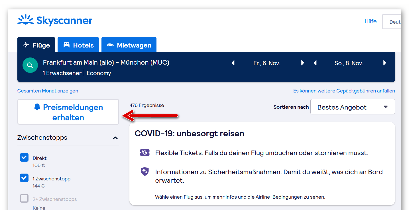 Richtet euch eine Skyscanner Preismeldung ein und erhaltet Preisänderungen für bestimmte Strecken automatisch per E-Mail