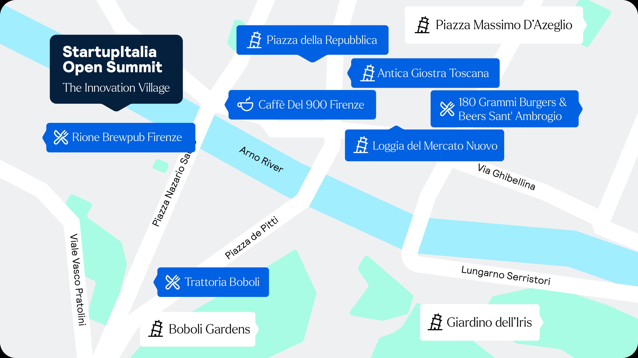 Mappa che mostra la sede del Startup Italia Open Summit, insieme ai ristoranti, caffetterie e attrazioni nelle vicinanze.
