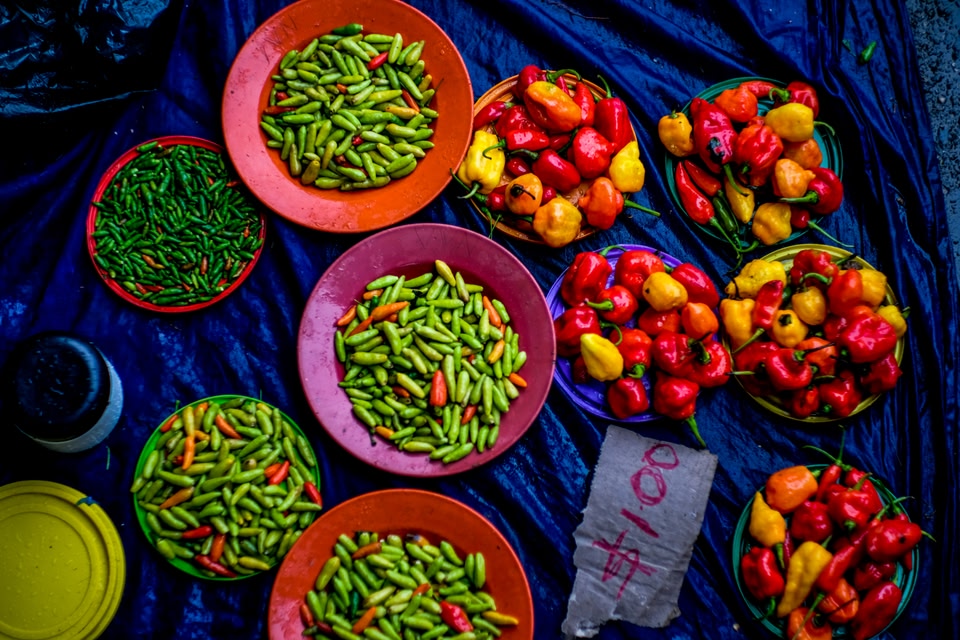 Chilies displayed at Nadi Market, Fiji Islands.