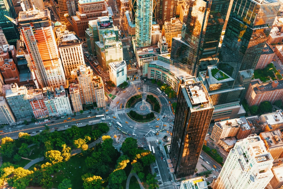 Aerial view of Columbus Circle in New York City at sunset