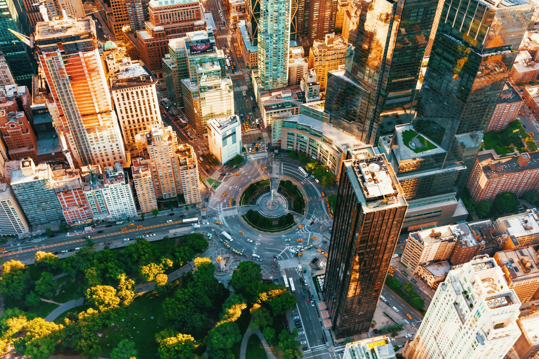 Aerial view of Columbus Circle and Entrance into Central Park in New York City.