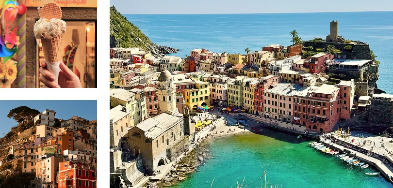Collage di un villaggio costiero italiano: gelato, vista del villaggio e case sulla collina.