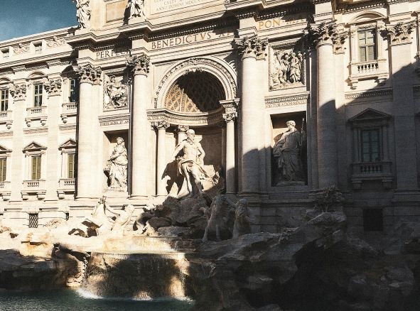 The iconic Trevi Fountain, hotspot in Rome. Sculpture and fountain combined in a unique Roman decorative water feature.