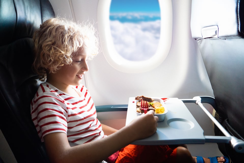 Person sitting in a window seat enjoying an in-flight meal