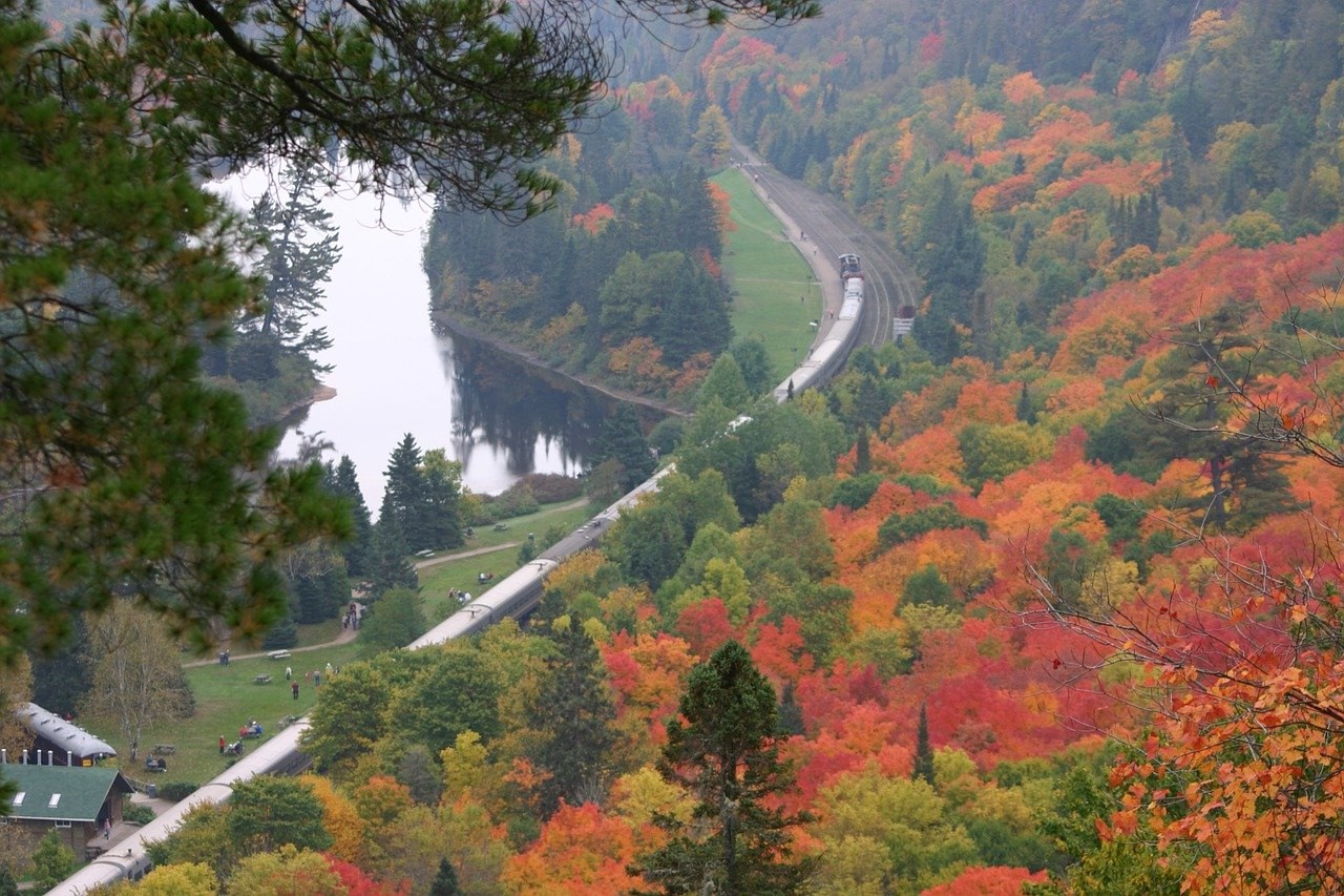 train route and fall foliage at Agawa Canyon in Ontario