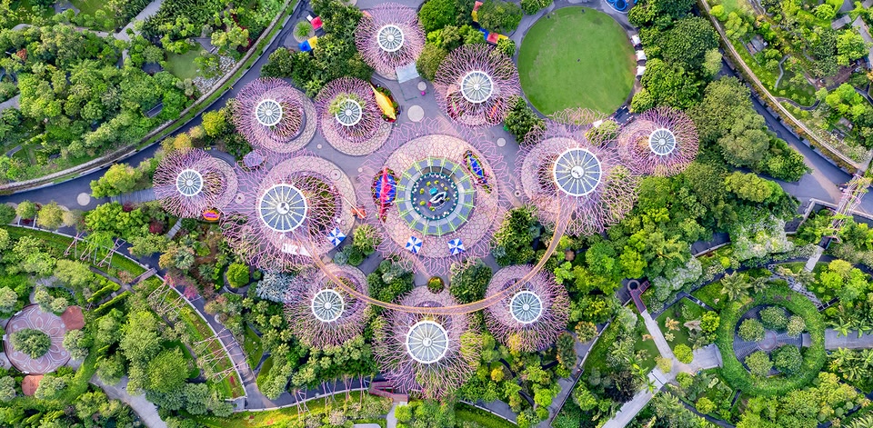 Drone shot of an aerial view of Singapore's famous Garden's by the Bay 