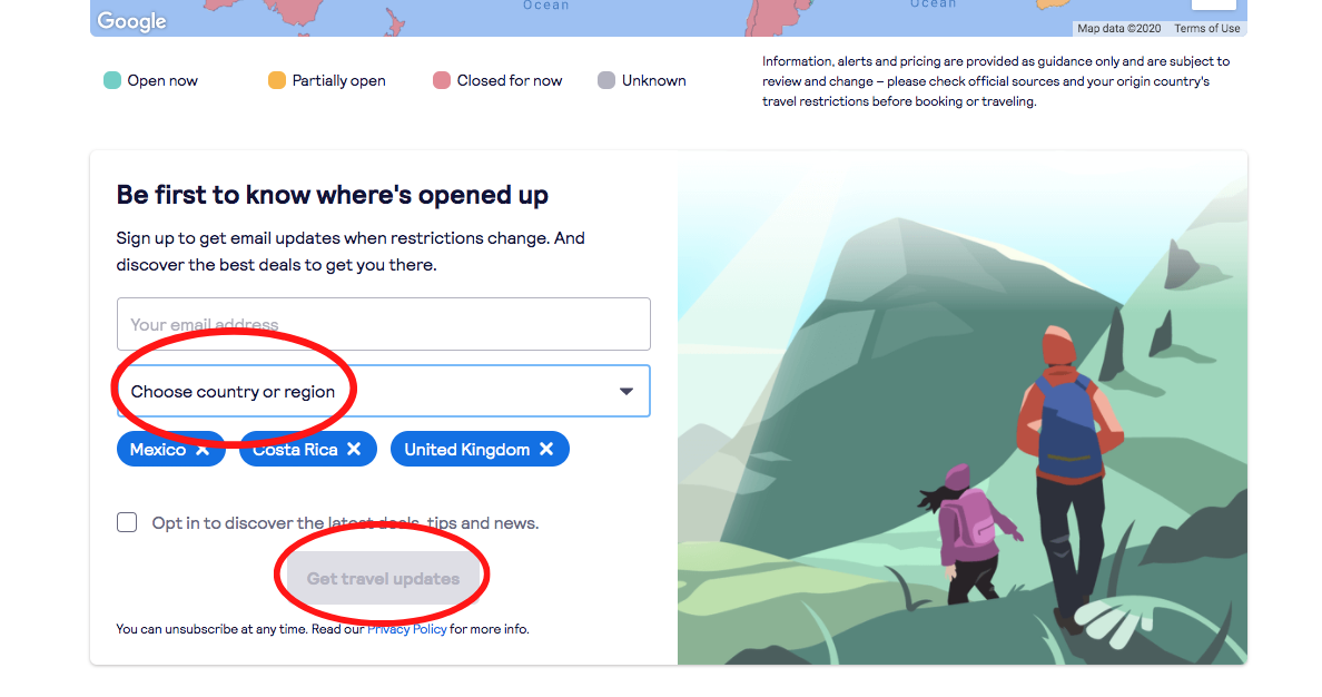 find out where's open by country or region and sign up for travel alerts when your dream destination opens again