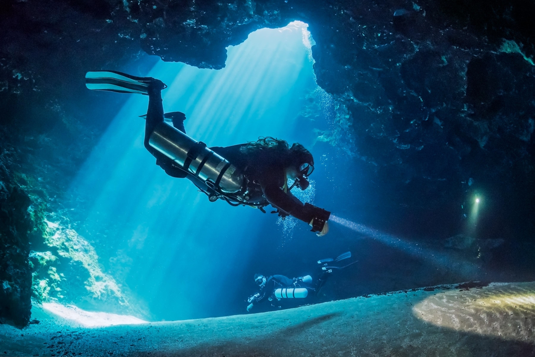 Scuba diving in a cave